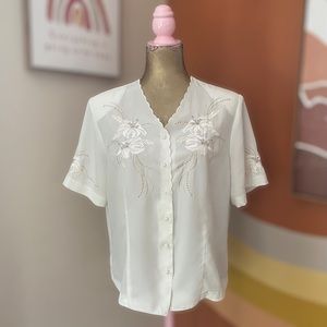 Christie & Jill White Embroidered Blouse with Tan